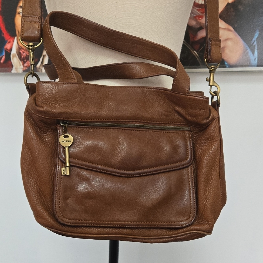 Fossil Cognac Leather Crossbody with Key Charm